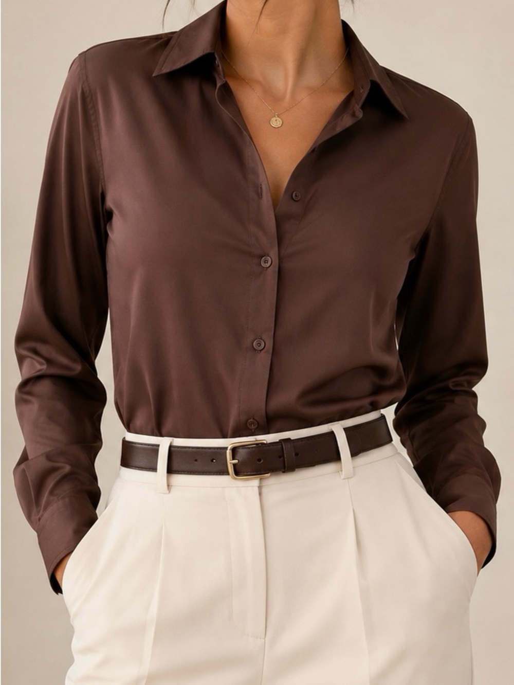 Fashion Nova Satin Chocolate Brown Button-Down Shirt